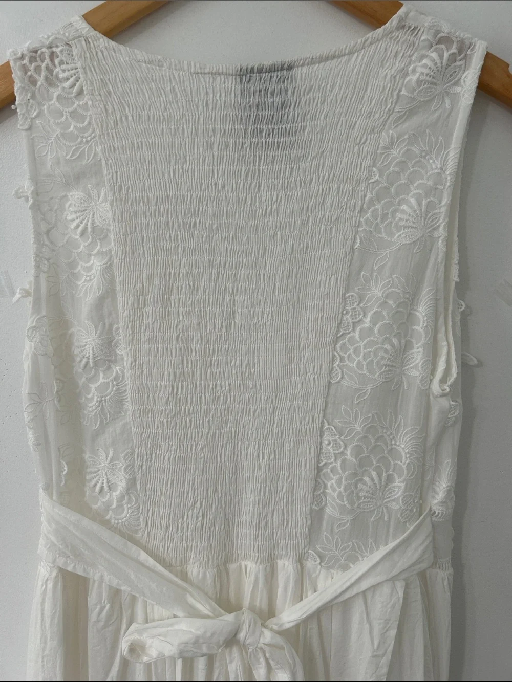 White Lace Bohemian Maxi Dress Tiered Smocked Empire Waist Embroidered Bridal - Picture 7 of 16